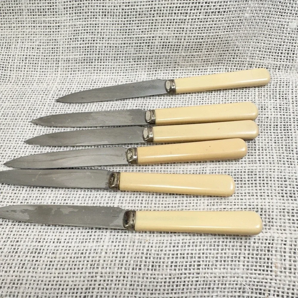 Cream Handle‎ Stainless Steel Luncheon Knives Mid Century Flatware Lot 6